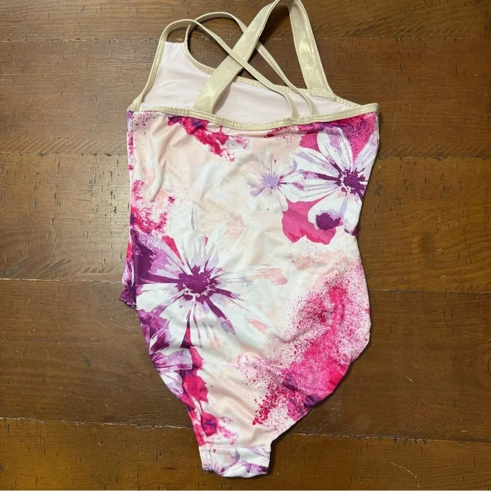 Justice Pink and Gold Floral gymnastics/dance/tumbling leotard. Preowned